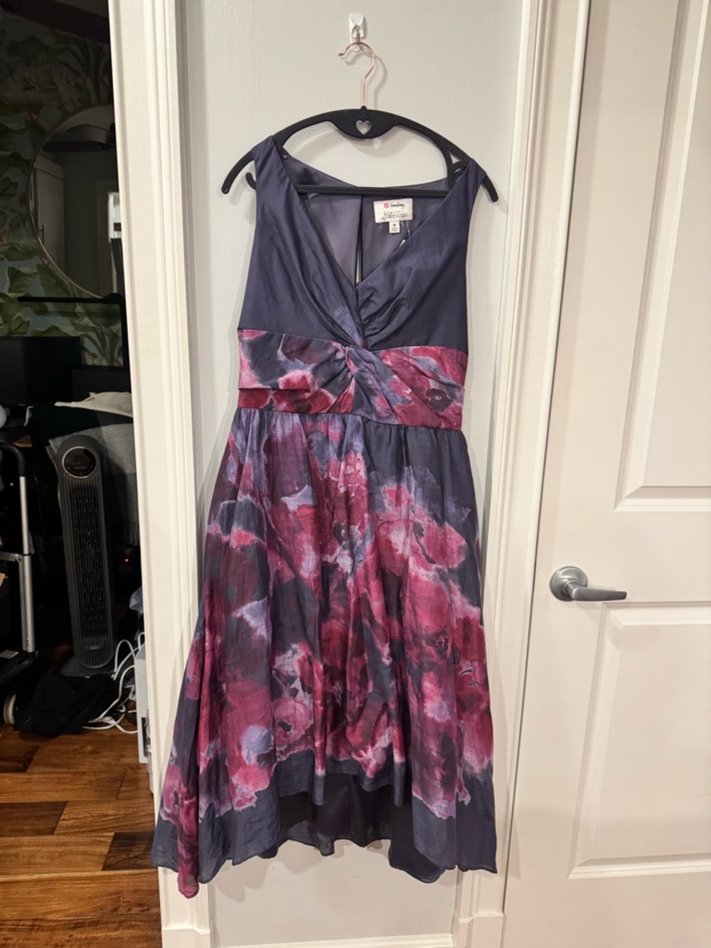 Neiman Marcus Sleeveless Floral Midi Dress in Purple and Pink